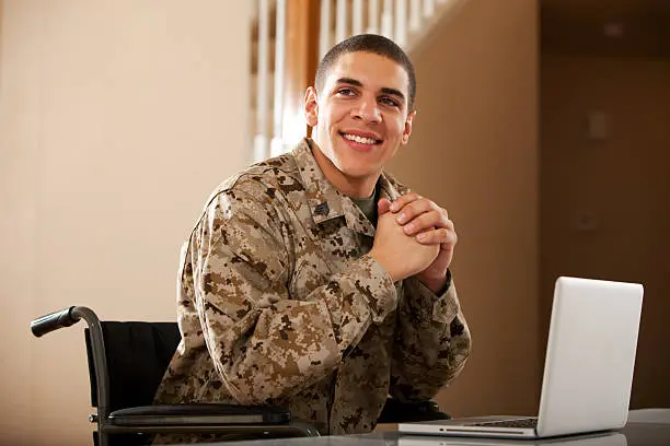 Disabled Veteran US Marine Soldier in Wheelchair. The model is wearing an official US Marine Corps Marpat digital BDU uniform.